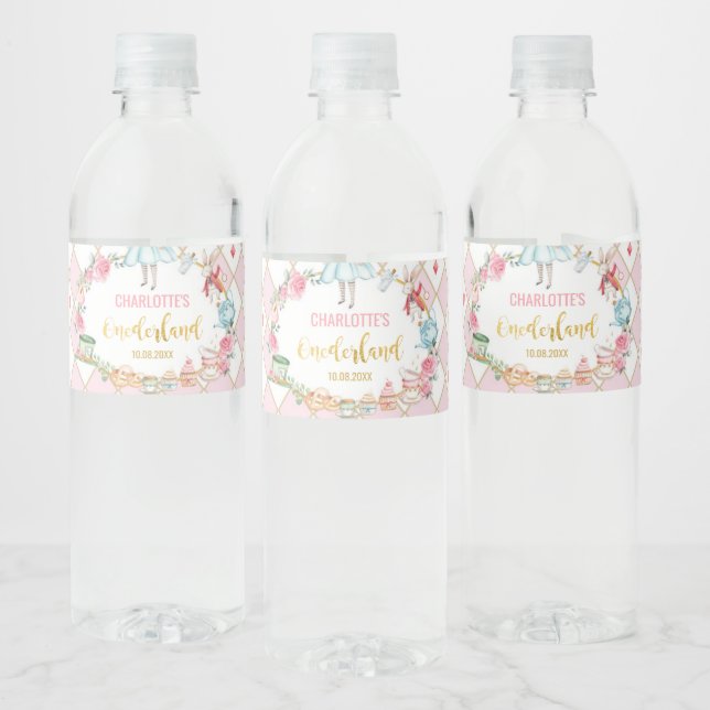 Pink Alice in Onederland Birthday Party Favours Water Bottle Label (Bottles)