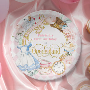 Pink Alice in ONEderland-Girl's First Birthday Paper Plate