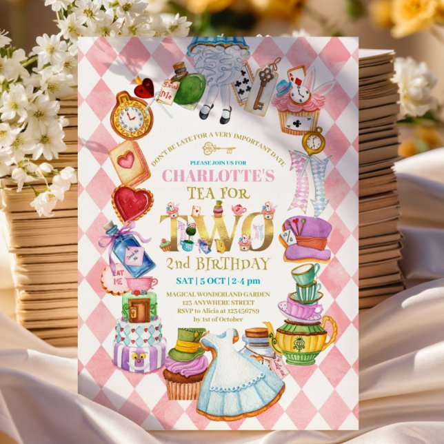 Pink Alice in Wonderland 2nd birthday Invitation (Creator Uploaded)