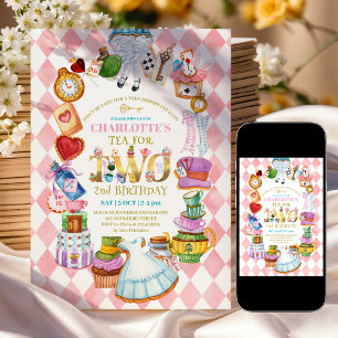 Pink Alice in Wonderland 2nd birthday Invitation