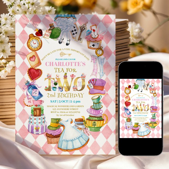 Pink Alice in Wonderland 2nd birthday Invitation (Creator Uploaded)
