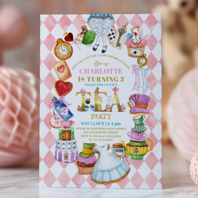 Pink Alice in Wonderland 3rd birthday Invitation (Creator Uploaded)