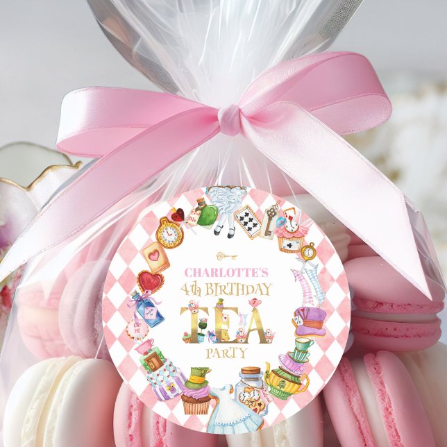 Pink Alice in Wonderland 4th Birthday   Classic Round Sticker (Creator Uploaded)