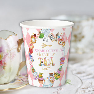 Pink Alice in Wonderland 4th birthday Paper Cups