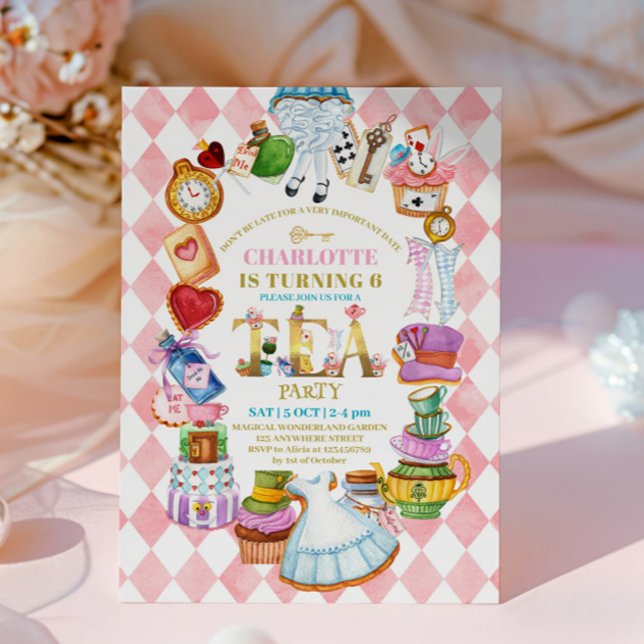 Pink Alice in Wonderland 6th birthday Invitation (Creator Uploaded)