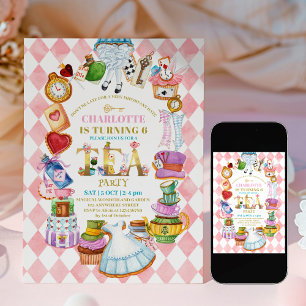 Pink Alice in Wonderland 6th birthday Invitation