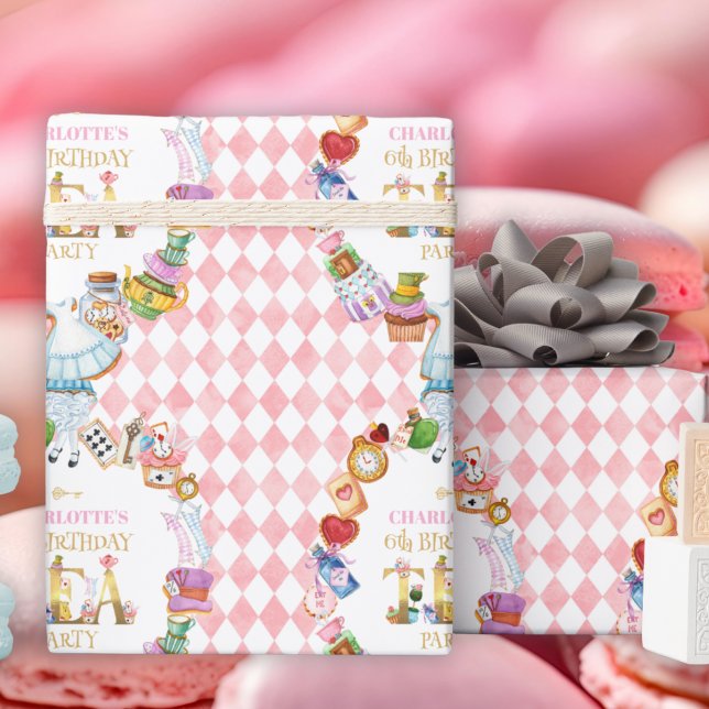 Pink Alice in Wonderland 6th Birthday   Wrapping Paper (Creator Uploaded)
