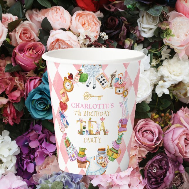 Pink Alice in Wonderland 7th birthday Paper Cups (Creator Uploaded)