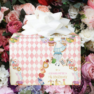 Pink Alice in Wonderland 7th Birthday   Wrapping Paper