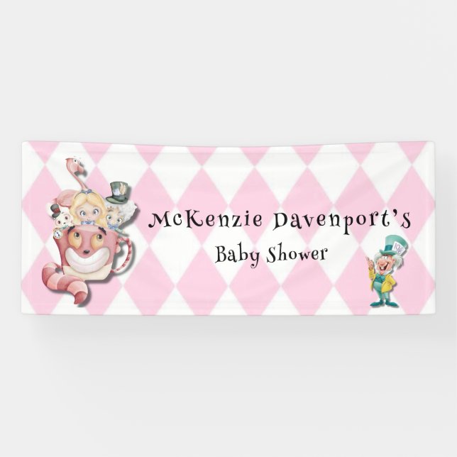 Pink Alice in Wonderland and Friends Baby Shower Banner (Horizontal)