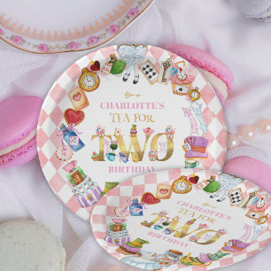 Pink Alice in Wonderland Tea for Two Birthday Paper Plate