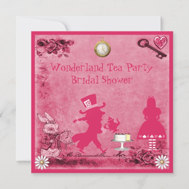 Pink Alice in Wonderland Tea Party Bridal Shower Invitation (Front)