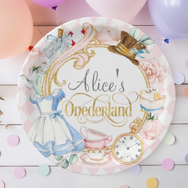 Pink, Alice Onederland, Girl 1st birthday Paper Plate (Pink, Alice Onederland, girl 1st birthday, Mad hatter tea party birthday paper plate.)
