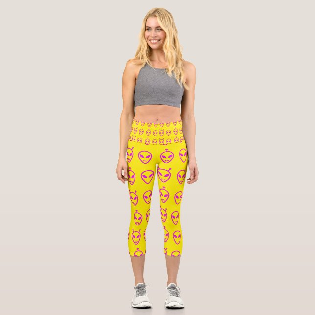 Pink Alien Faces Capri Leggings (Front)