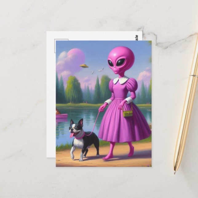 Pink Alien Walks Her Boston Terrier Postcard (Front/Back In Situ)