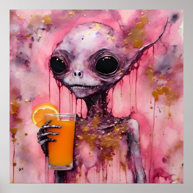 Pink Alien With An Orange Juice Poster (Front)
