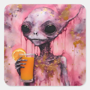 Pink Alien With An Orange Juice Square Sticker