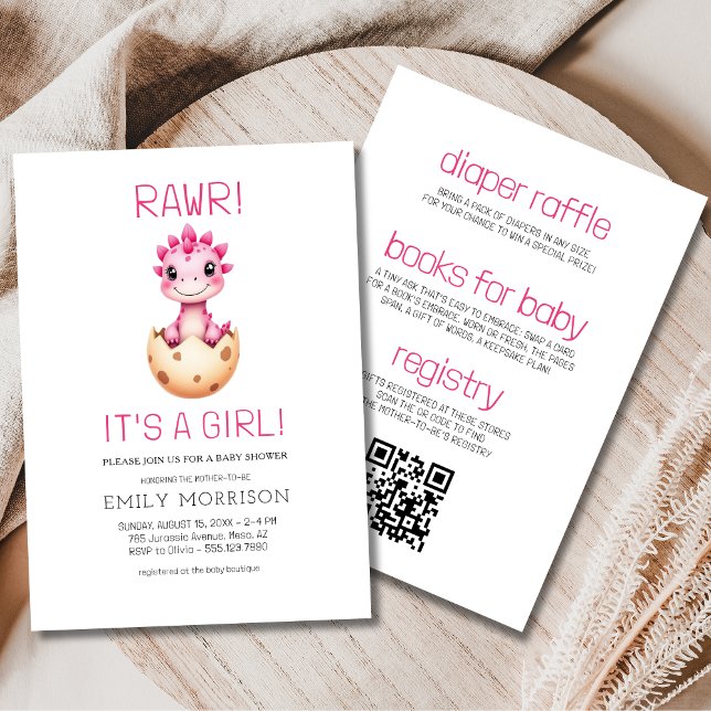 Pink All in One It's a Girl Dinosaur Baby Shower Invitation (Creator Uploaded)