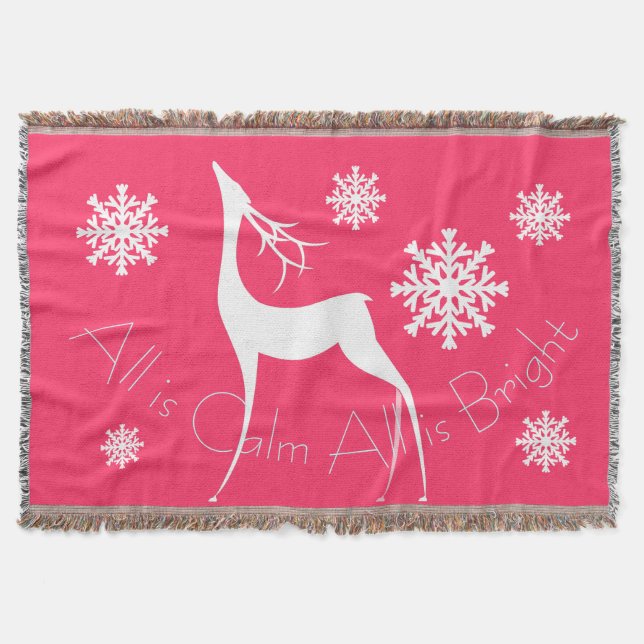 Pink All is Calm All is Bright Deer Throw Blanket (Front)