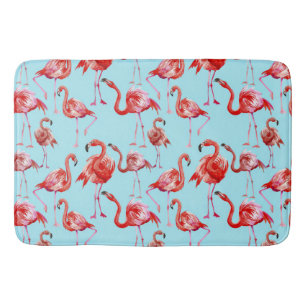 Pink Aloha Flamingo Bird Pattern on Teal Bath Mat
