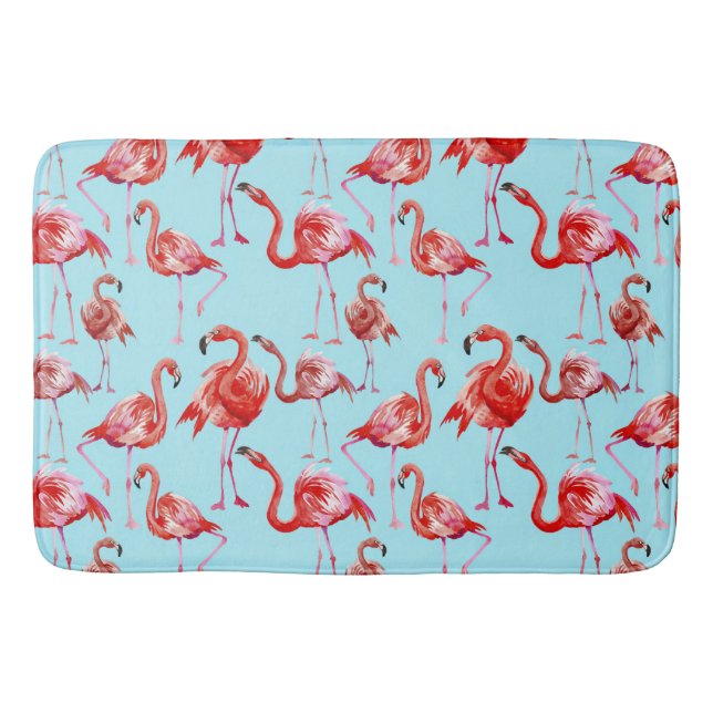 Pink Aloha Flamingo Bird Pattern on Teal Bath Mat (Front)