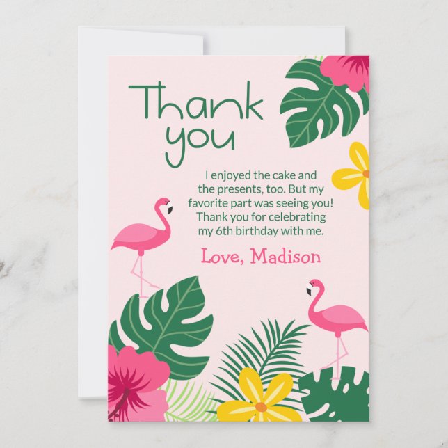 Pink Aloha Tropical Flamingo Birthday Thank You (Front)