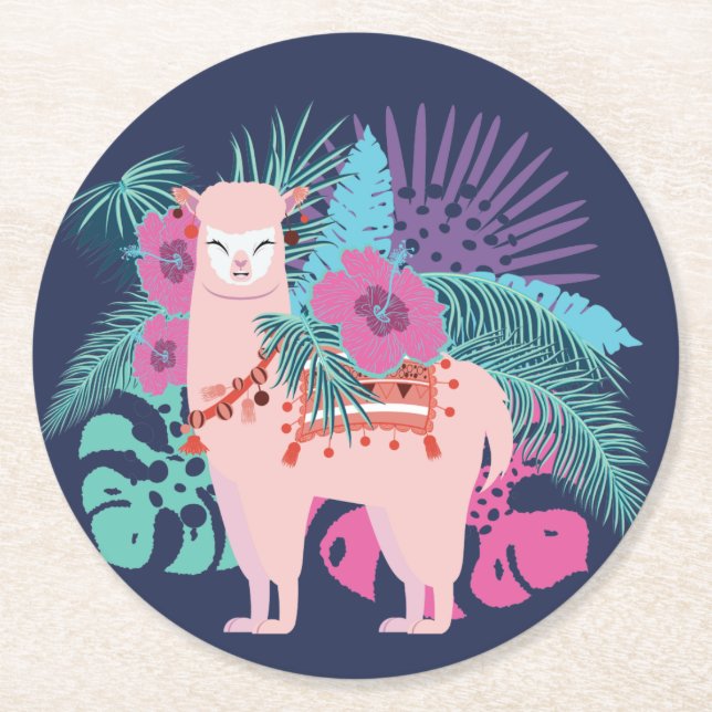 Pink alpaca, llama tropical leaves and flowers round paper coaster (Front)