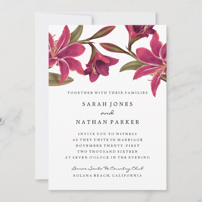Pink Amaryllis Flower Wedding Invitation (Front)