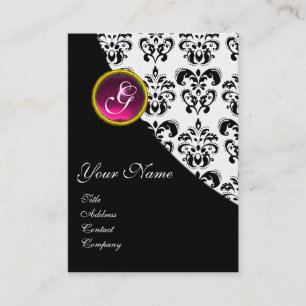 PINK AMETHYST FUCHSIA BLACK WHITE DAMASK MONOGRAM BUSINESS CARD