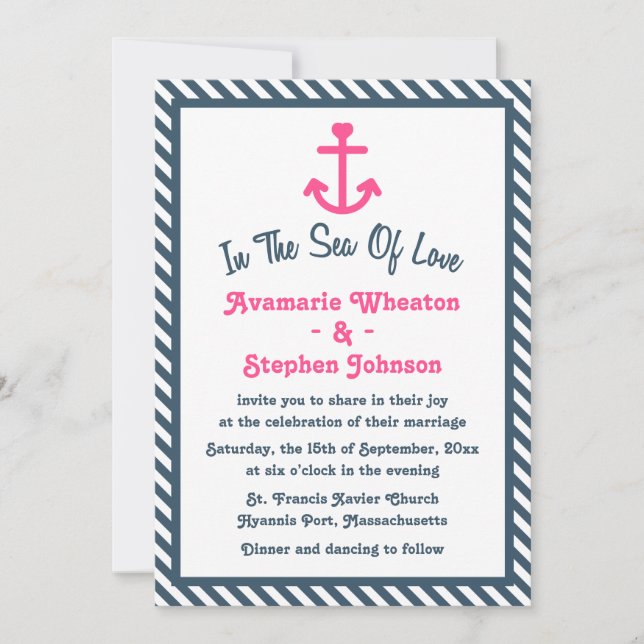 Pink Anchor Nautical Navy Blue Stripe Wedding Invitation (Front)