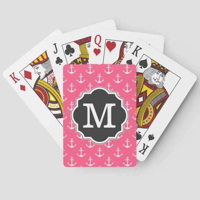 Pink Anchor Pattern Monogram Playing Cards (Back)