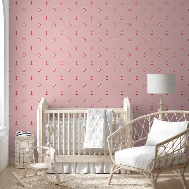 Pink Anchor Ship's Wheel Nautical Pattern Wallpaper (Kids)