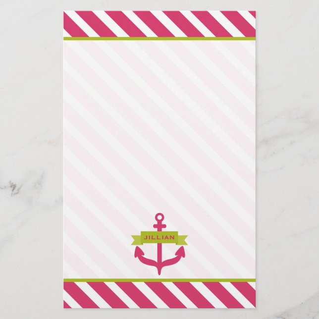 Pink Anchor & Stripes Personalised Stationery (Front)