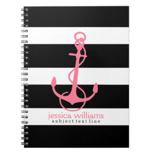 Pink Anchor With Black On White Stripes Spiral Notebook