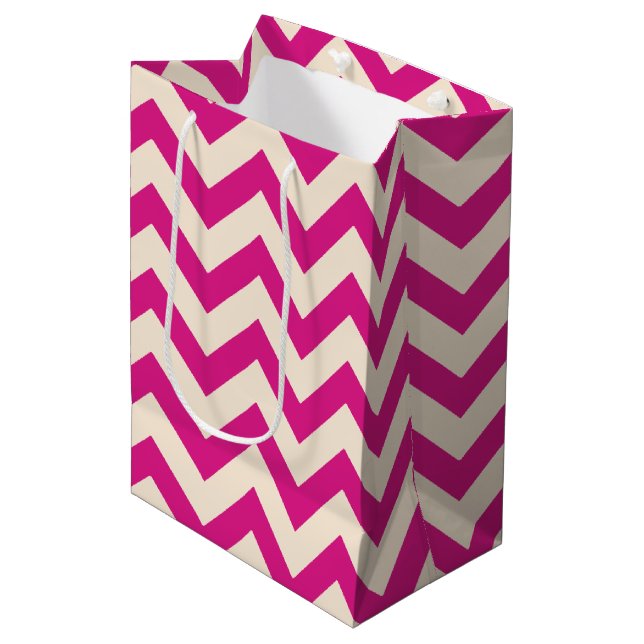 Pink and Antique White Chevron Medium Gift Bag (Front Angled)