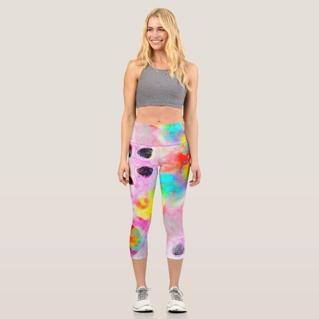 Pink and Aqua Abstract Capri Leggings (Front)