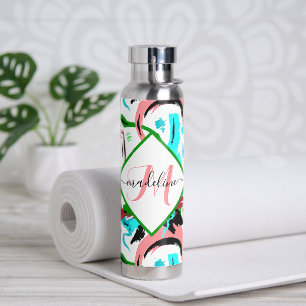 Pink and aqua abstract personalised water bottle