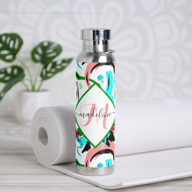 Pink and aqua abstract  personalised water bottle (Yoga)