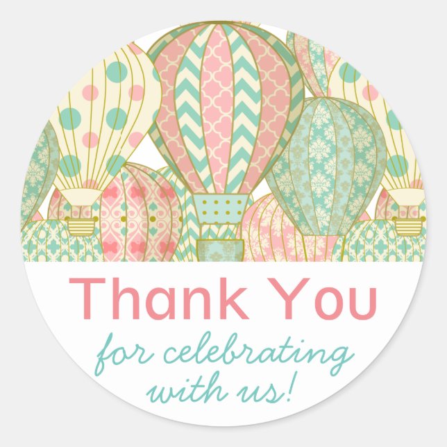 Pink and Aqua Blue Hot Air Balloons Baby Shower Classic Round Sticker (Front)