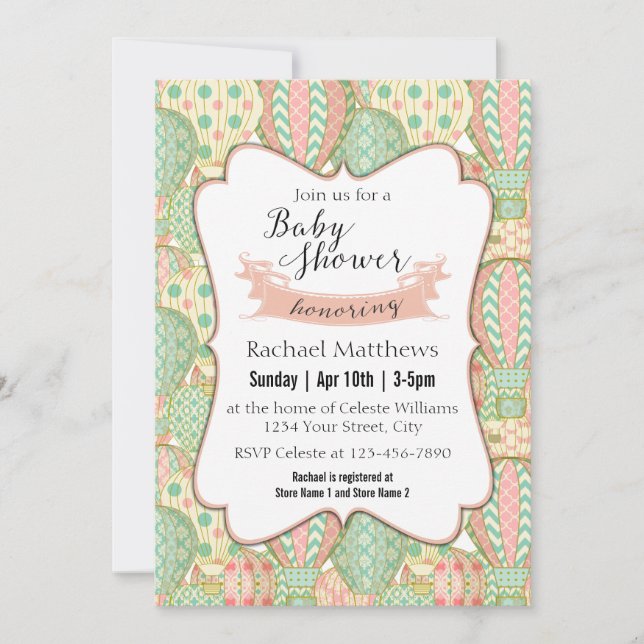 Pink and Aqua Blue Hot Air Balloons Baby Shower Invitation (Front)