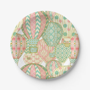 Pink and Aqua Blue Hot Air Balloons Pattern Paper Plate