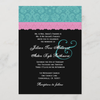 Pink and Aqua Damask  Lace Wedding Monogram P524 Invitation