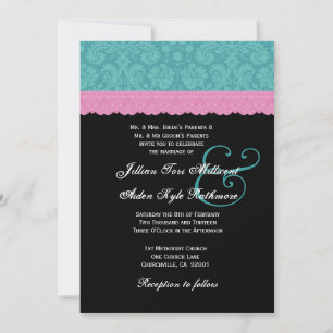 Pink and Aqua Damask  Lace Wedding Monogram P524 Invitation