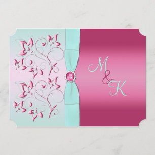 Pink and Aqua Floral Monogrammed Invitation