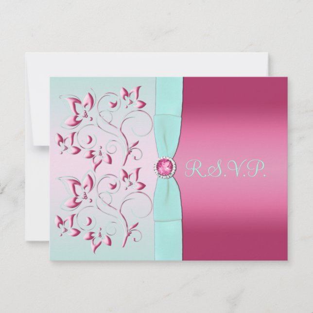 Pink and Aqua Floral RSVP Card (Front)