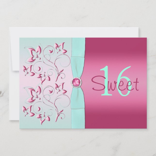 Pink and Aqua Floral Sweet Sixteen Invitation (Front)