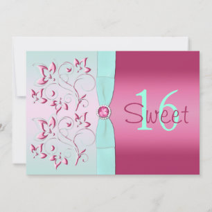 Pink and Aqua Floral Sweet Sixteen Invitation