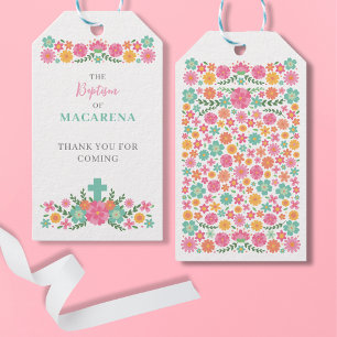 Pink and aqua flowers with cross baby girl Baptism Gift Tags