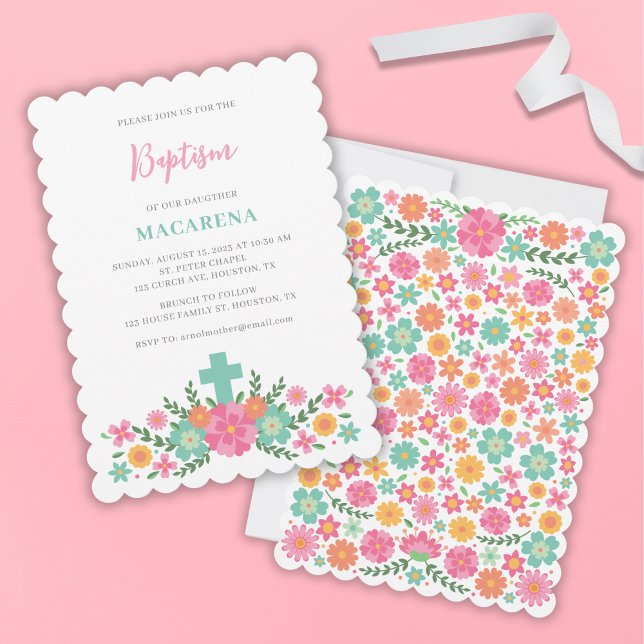 Pink and aqua flowers with cross baby girl Baptism Invitation (Creator Uploaded)