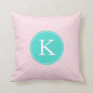 Pink and Aqua Greek Key Pattern Monogram Cushion